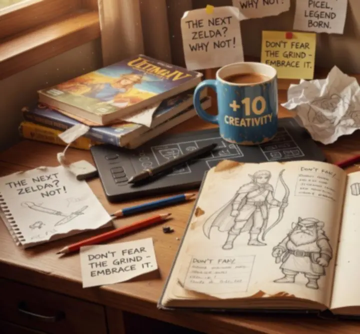 Tablica projektowa z koncepcjami świata, postaci i interfejsu The Art of Game w estetyce retro-fantasy.