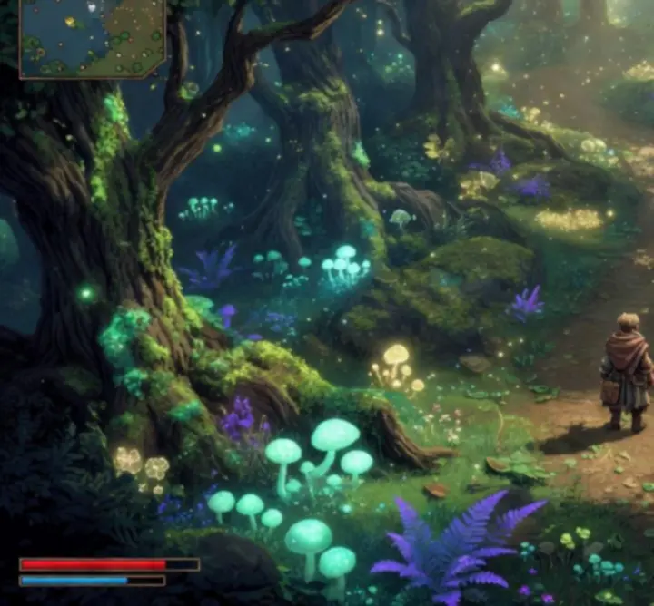 Magiczny pikselowy las pełen ukrytych ścieżek i świetlistych portali