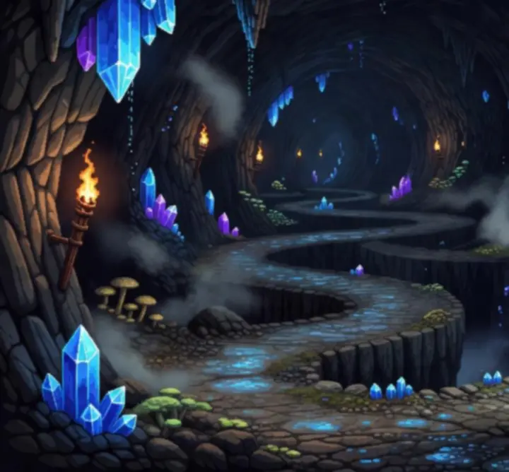 Pikselowa jaskinia fantasy z magicznym światłem i ukrytymi ścieżkami