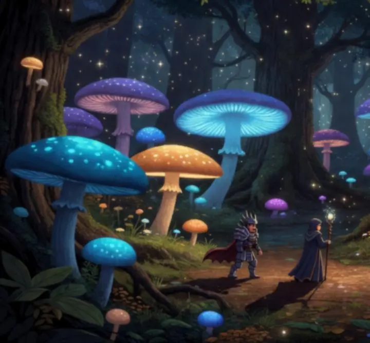Gęsty, magiczny las z fluorescencyjnymi roślinami i starożytnymi ruinami w stylu retro