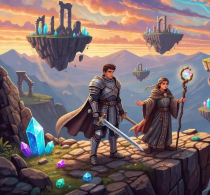 Ilustracja retro-fantasy przedstawiająca bohaterów w świecie pełnym magii i gwiazd