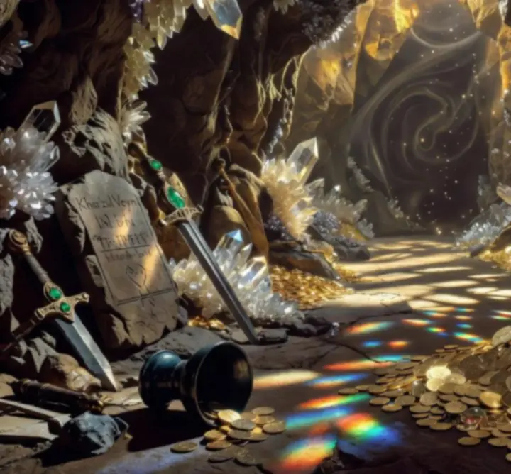 Ukryta jaskinia z retro-fantasy skarbem, oświetlona kryształami