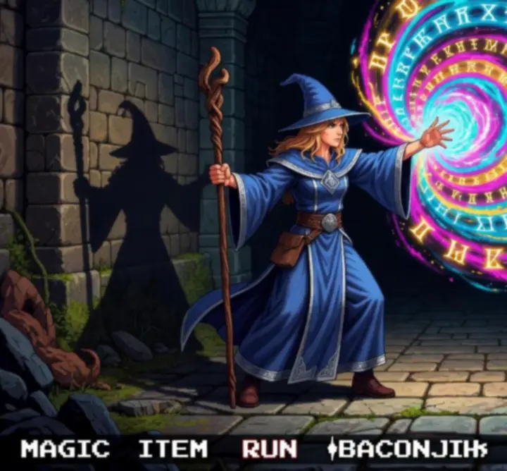 Efekt zaklęć i wybuch magii w retro-fantasy stylu