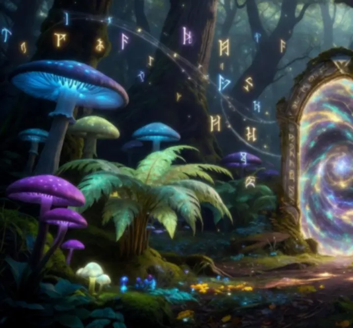 Magiczny portal w leśnej scenerii retro-fantasy prowadzący do innych wymiarów