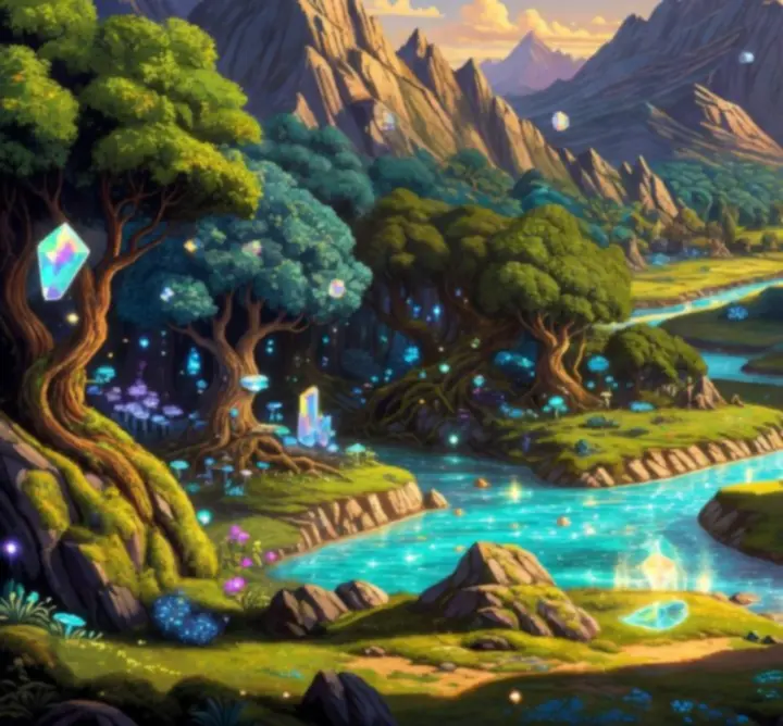 Retro-fantasy pejzaż świata gry The Art of Game z oceanem i magicznymi wyspami