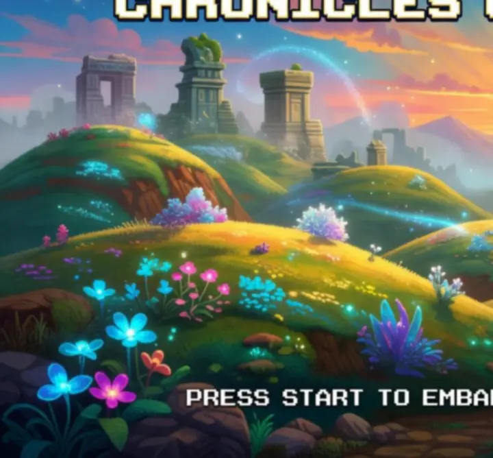Retro-fantasy ekran startowy The Art of Game z bohaterami w pixelartowym porcie.
