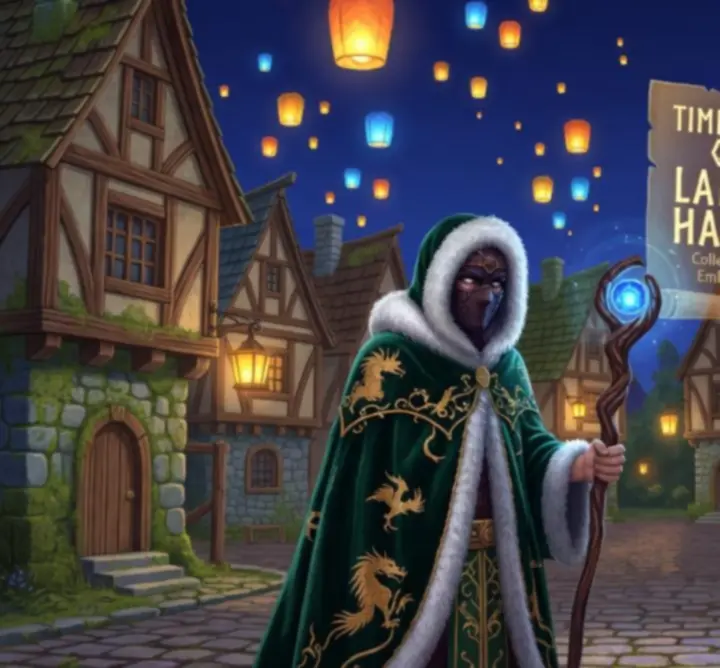 Sezonowe wydarzenie w grze The Art of Game z magicznym nocnym krajobrazem i retro stylistyką.