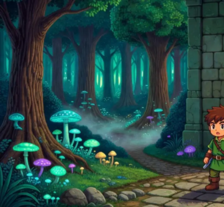 Pikselowa scena rozpoczęcia przygody w retro-fantasy świecie