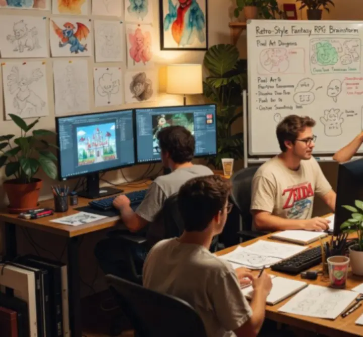 Zespół RetroQuest Studio pracujący nad The Art of Game w klimatycznym, retro-fantasy inspirowanym studiu.