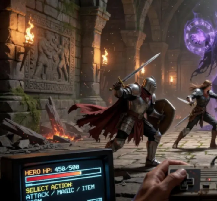 Taktyczna walka z bossem w retro-fantasy The Art of Game na turowym polu bitwy.