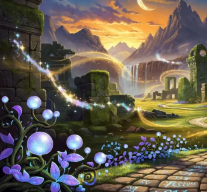 Ilustracja aktualizacji gry The Art of Game w stylu retro-fantasy, z bohaterami eksplorującymi magiczną krainę.